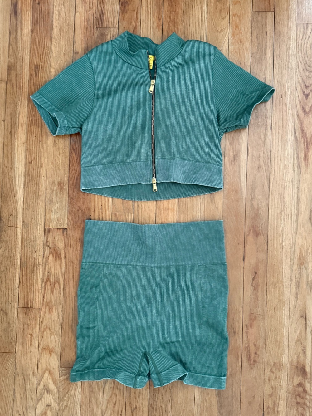 Women’s 2 Piece Ribbed Lounge Set Green Zip Crop Top & Shorts XXXL Matching Set
